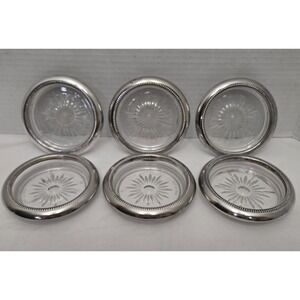 6 Vintage Leonard Silverplated Crystal Starburst Cut Glass Coaster Set Italy